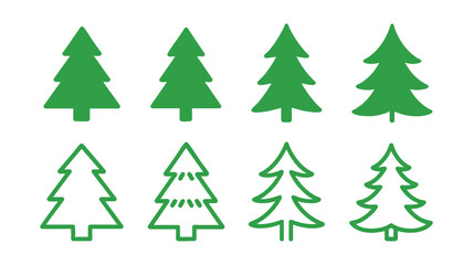 Fototapeta premium Set of christmas trees four solid green and four outline stylized evergreen icons