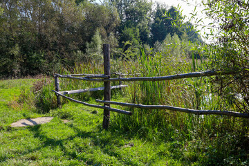 A rustic log fence separates a manicured patch of green grass from a wild, overgrown marshy area with a pond, framed by reeds and trees.