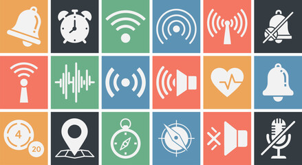 Solid filled map reading tools icon set featuring a folded map compass magnifying glass and gps device on a black background