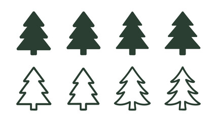 Fototapeta premium Set of christmas trees four solid green and four outline stylized evergreen icons