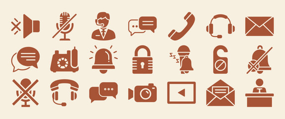 Solid filled icon set for silent mode and notification muting featuring bells speakers and microphones in two colors