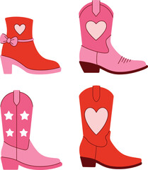 Set of pink and red cowgirl boots with heart and star designs, cute western footwear illustration, stylish country fashion art