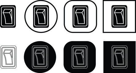 Black switch button icon set, electric toggle collection, power control symbol group, on off rocker outline and flat design, electrical switch vector pack in line style