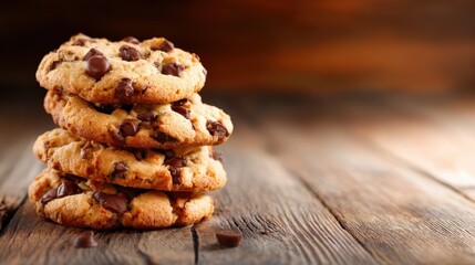 A scrumptious stack of freshly baked chocolate chip cookies rests on a rustic wooden surface, inviting anyone to savor their tempting aroma and delightful taste.