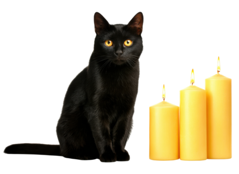 A black cat sits beside three lit yellow candles, exuding a mysterious and warm ambiance.