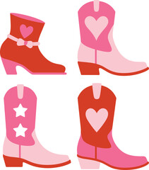 Set of pink and red cowgirl boots with heart and star designs, cute western footwear illustration, stylish country fashion art