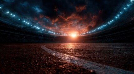 A breathtaking sunset illuminates an empty sports stadium, showcasing the vibrant colors and dramatic ambiance that evoke excitement and anticipation in spectators.