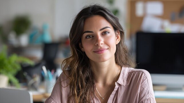 female young hispanic school math teacher college tutor coach looks at camera in classroom speaking virtual teaching remote class online lesson elearning video conference zoom call webcam view no log