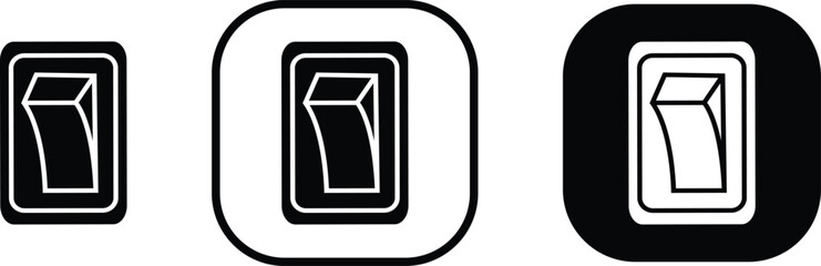 Black switch button icon set, electric toggle collection, power control symbol group, on off rocker outline and flat design, electrical switch vector pack in line style