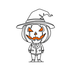 Outline of the profile of a chibi Jack-o-lathern in costume in one line. Cute Halloween illustration. Funny monster

