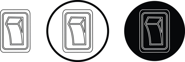 Black switch button icon set, electric toggle collection, power control symbol group, on off rocker outline and flat design, electrical switch vector pack in line style