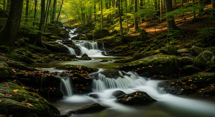 Lush green forest with a flowing waterfall over mossy rocks.