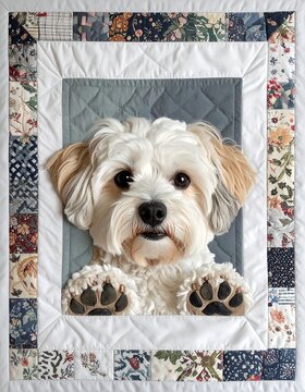 Fabric-art portrait of a fluffy, light-colored dog with paws