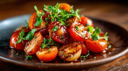 A mouthwatering dish featuring grilled cherry tomatoes garnished with fresh herbs, highlighting vibrant colors and rich textures that tempt the taste buds.