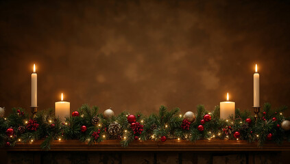 Three lit candles on a rustic mantel with pine garland and ornaments; empty space above for text overlay; warm ambient glow