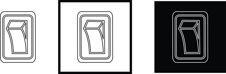 Black switch button icon set, electric toggle collection, power control symbol group, on off rocker outline and flat design, electrical switch vector pack in line style