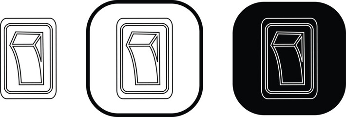 Black switch button icon set, electric toggle collection, power control symbol group, on off rocker outline and flat design, electrical switch vector pack in line style