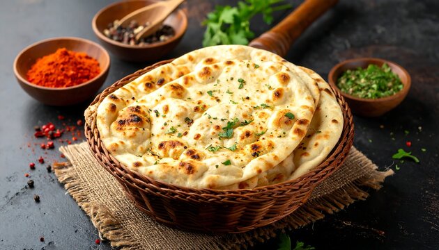 Freshly baked, golden bread in basket with various spices, and herbs