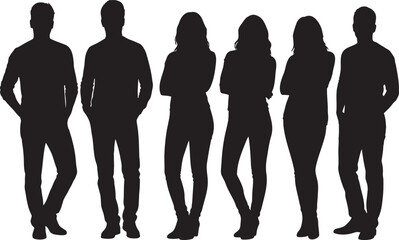 Silhouette of Diverse Group Posing Elegantly Men with Hands in Pockets and Women with Arms Crossed Creating Strong Visual