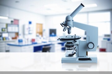 A modern new laboratory with countertop in the foreground.