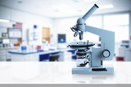 A modern new laboratory with countertop in the foreground.