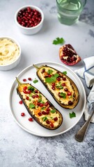 Roasted eggplant halves filled with hummus