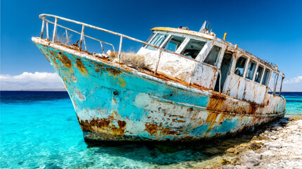 An old, rusty shipwreck is abandoned on a rocky beach next to the clear turquoise sea under a bright blue sky.