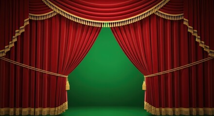 A red stage curtain partially open revealing a green screen background with tassels trim