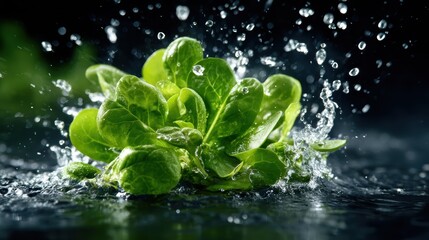 A vibrant, fresh head of lettuce splashes in water, showcasing its crisp texture and inviting color, perfect for emphasizing health and freshness in culinary visuals.