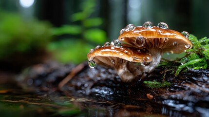 A close-up of mushrooms adorned with glistening droplets in a vibrant green forest background, showcasing nature's intricate beauty and moist environment.