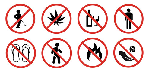 Prohibition icon set. no urination, no marijuana, no alcohol, no pedestrians, no flames, no tipping, isolated on transparent VECTOR 