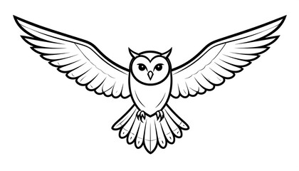 Obraz premium A simple line drawing of an owl with outstretched wings, displaying feathers and a symmetrical design. The owl is in a frontal position
