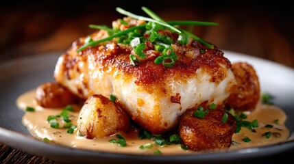 A beautifully presented plate of white fish, seared to perfection with crispy edges, accompanied by roasted potatoes and a flavorful creamy sauce to delight the palate.