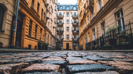 Fototapeta premium Cobblestone street surrounded by historic buildings in urban setting with balconies and architectural details