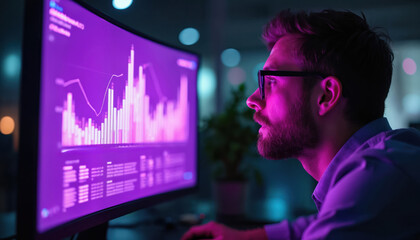 Man looks at purple screen with graph. Businessman analyzes data on computer. Man in glasses studies digital chart on monitor. Sits in dark room with blurred background. Person engaged with