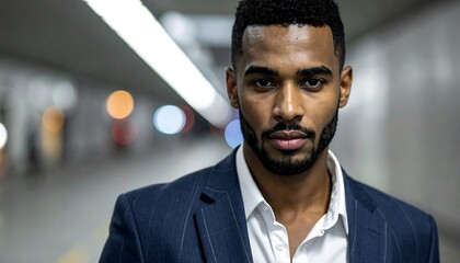 A striking portrait of a Black man in a suit, gazing intensely at the viewer. He is posed in a subway tunnel setting