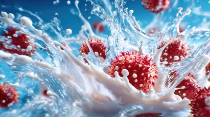 Dynamic splash of water incorporating vibrant red microbes, showcasing the relationship between life and the essence of water in a visually captivating manner.