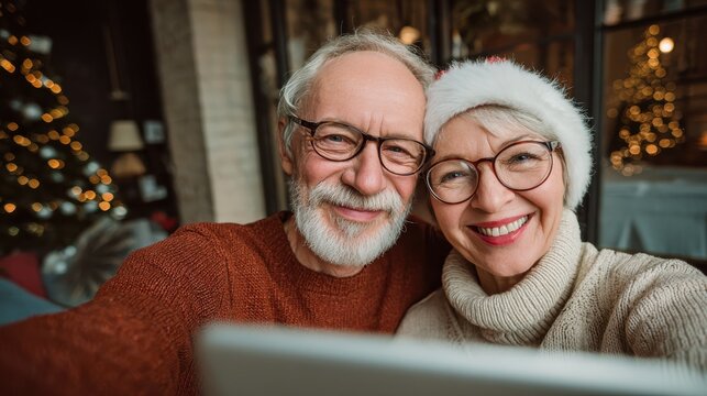 front view of senior couple with tablet indoors at home at christmas taking selfie no logos no brands ar 169