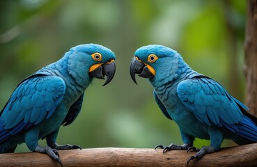 Obraz premium Two vibrant blue macaws perch on thick wooden branch. Tropical birds face, yellow eyes. Beautiful wild parrot pair in natural habitat highlights nature conservation efforts, wildlife protection focus.