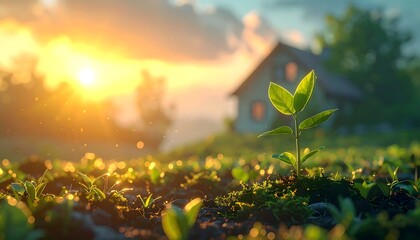 A seedling thrives in a field bathed in warm sunlight, a house nestled amongst the green fields. Lush fields and vibrant sunset