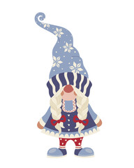 Cute Scandinavian Christmas gnome girl in folk style Cozy winter character with long braids, blue dress and snowflake hat Adorable festive vector illustration for holiday decor, card, print, textile