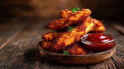 Golden crispy chicken strips piled high served with a side of tangy dipping sauce, creating a perfect snack or meal option that embodies comfort food at its best.