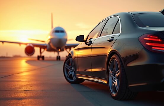 Luxury car parked on airport tarmac beside airplane during sunset. VIP transport service ready for passenger pickup or drop-off. Seamless travel experience, executive mobility.