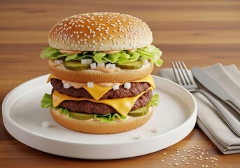 Double Cheeseburger with Sesame Seed Bun — Close-Up Menu Photo on White Plate