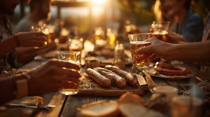 group of happy friends eating and drinking beers at barbecue dinner on sunset time adult people having meal together outdoor focus on fork sausages summer lifestyle food and friendship concept no 