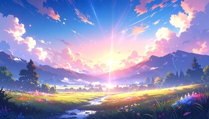 A scenic landscape of lush meadows, mountains and a stream flowing through the scene. Vibrant sunset sky fills with radiant light