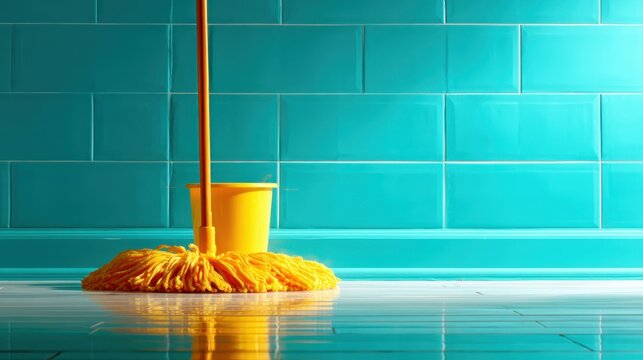 This vivid image features a bright orange mop and yellow bucket against a striking turquoise tiled wall, embodying cleanliness and freshness in a playful and modern interior setting.