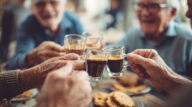 group of senior people toasting italian style moka coffee after lunch  mature happy friends eating biscuits and laughing together  focus on men bottom hands  warm contrast cine filter no logos no bra - Powered by Adobe