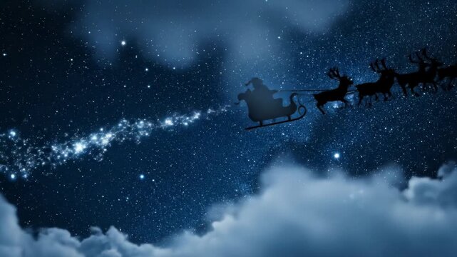 Silhouette of santa claus in his sleigh pulled by reindeer flying through a starry night sky with clouds and a trail of magic dust