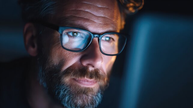 close up view of focused businessman wears computer glasses for reducing eye strain blurred vision looking at pc screen with computer reflection using internet reading watching working online late no